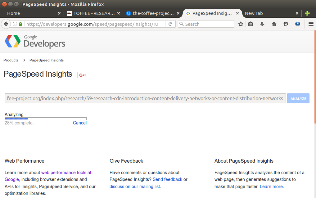 Google PageSpeed Insights tool analyzing TOFFEE website